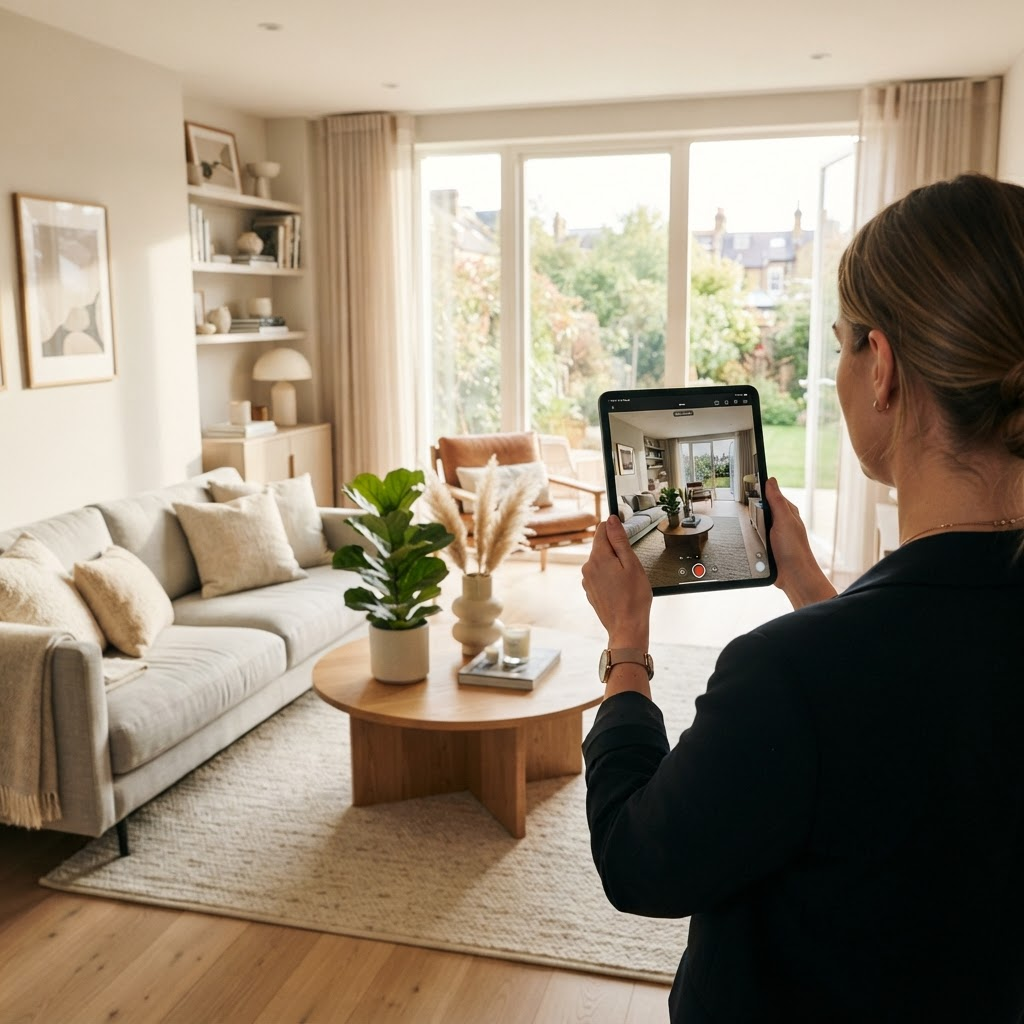 Property professional recording a living room inspection on a tablet
